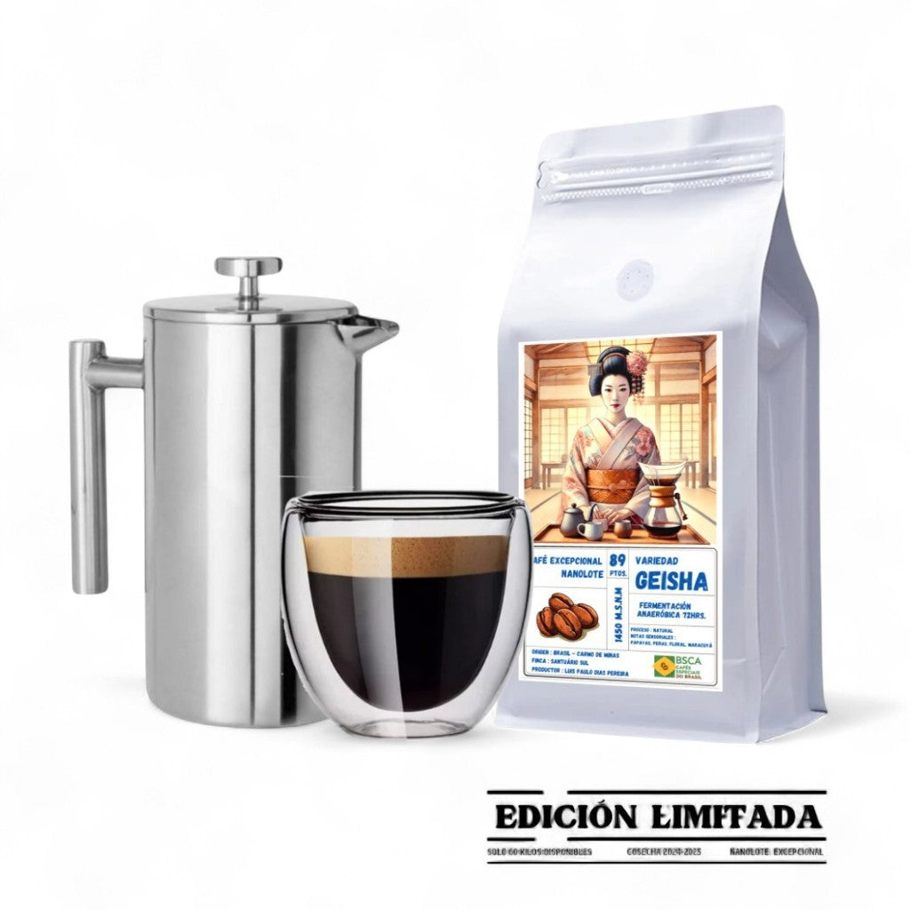 Pack Ritual Geisha – Prensa Francesa + Taza 200ml + Café de Especialidad 250gr