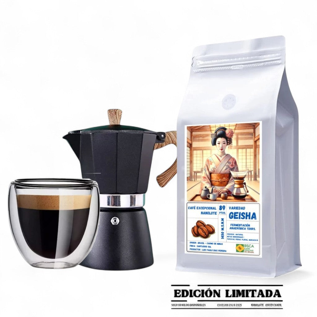 Pack Clásico Geisha – Moka Italiana 3T + Taza Doble Pared 200ml + Café de Especialidad 250gr