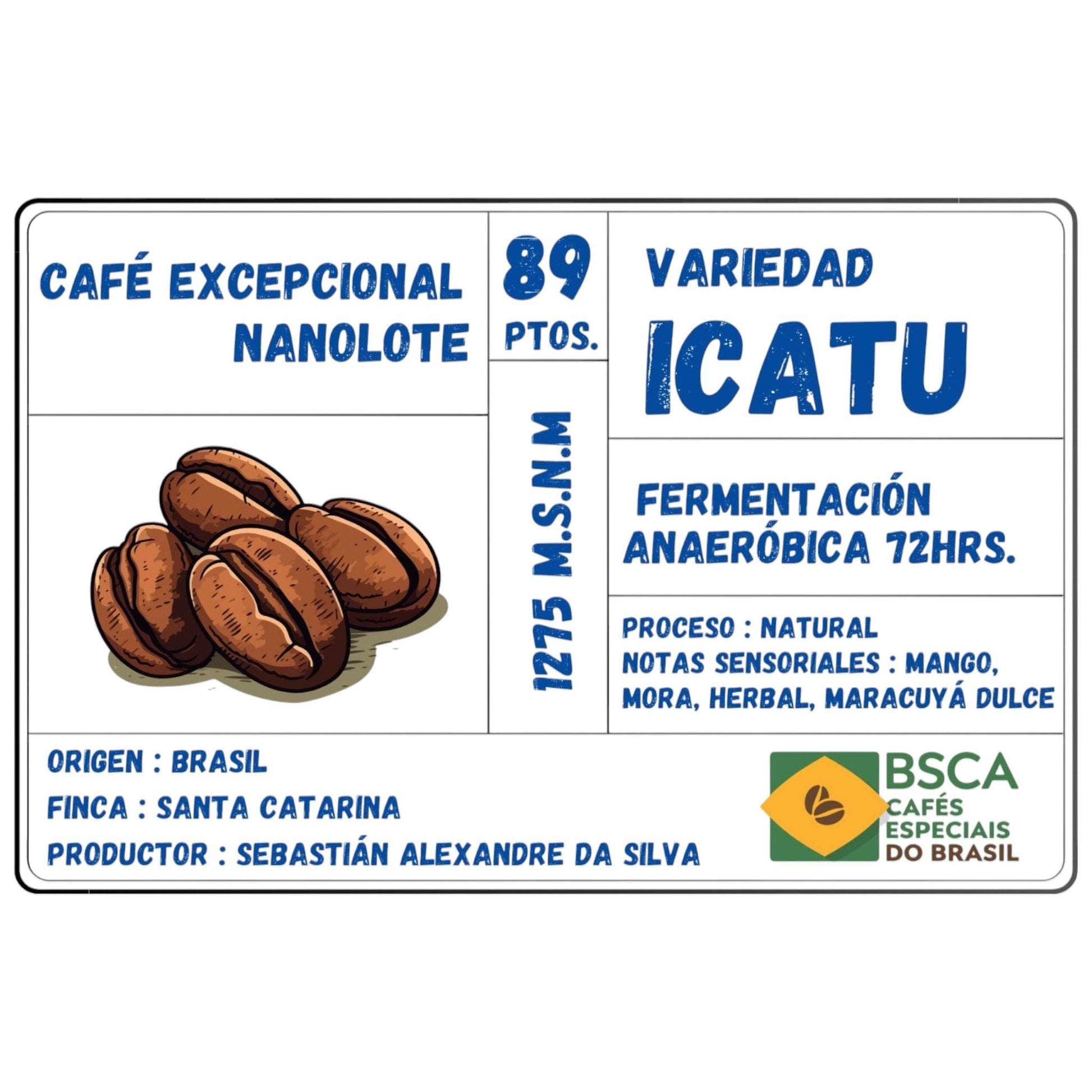 Café de Especialidad Excepcional Nanolote Origen Brasil - Variedad Icatu Fermentado - Clíon Café de Especialidad