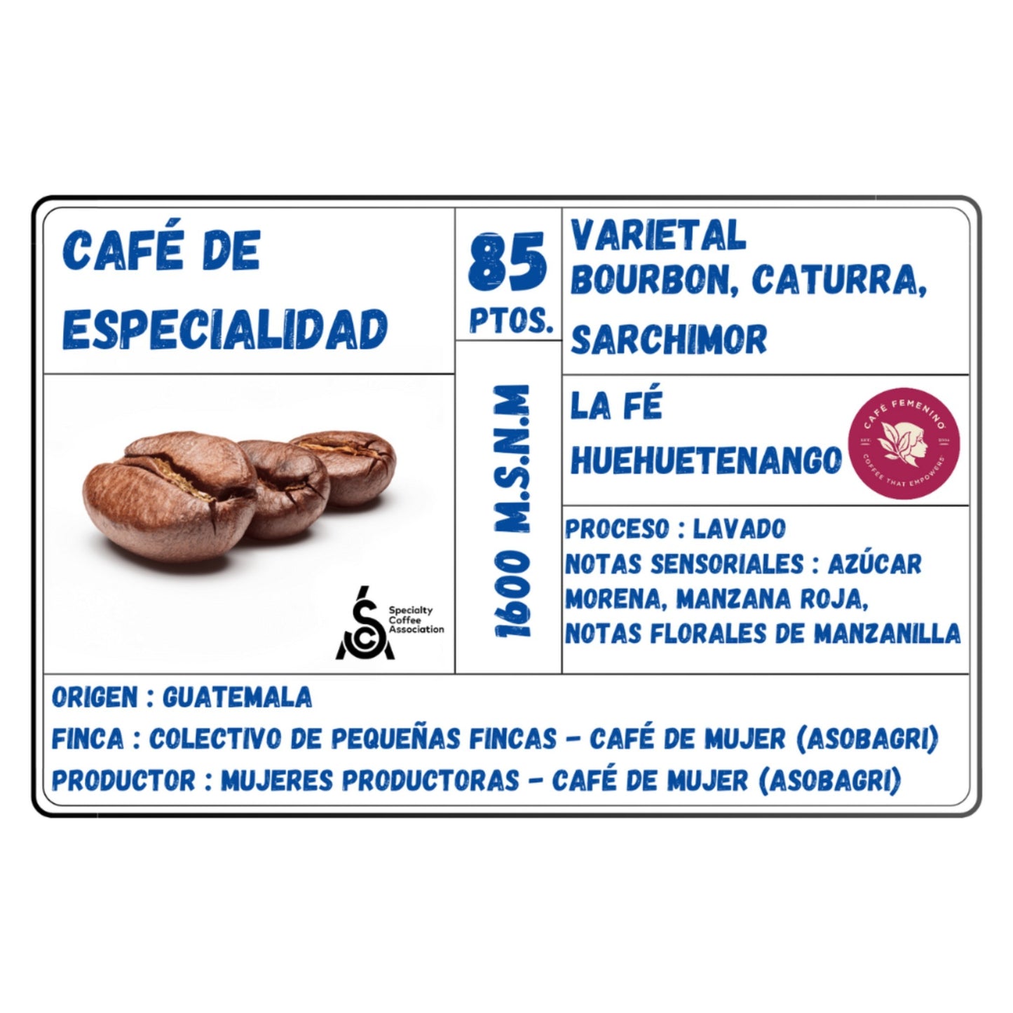 Café de Especialidad Origen Guatemala - La Fé Huehuetenango | Varietal Bourbon - Caturra & Sarchimor