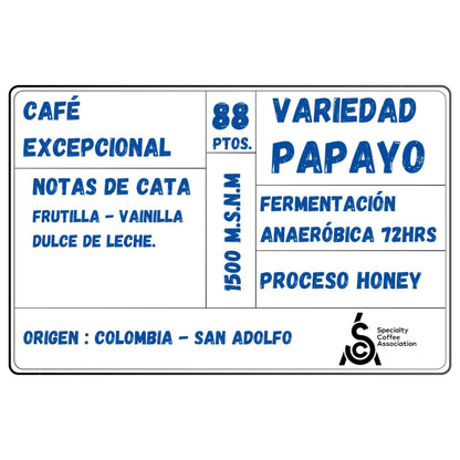 Café Excepcional Microlote Origen Colombia - San Adolfo | Variedad Papayo - Fermentado 72 hrs