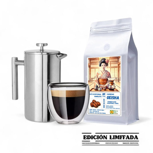 Pack Ritual Geisha – Prensa Francesa + Taza  200ml + Café de Especialidad 250gr