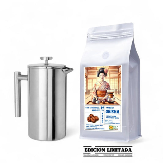 Pack Café de Especialidad Varidad Geisha Fermentado 250gr + Prensa Francesa - Acero Inox- 300ml o 600ml