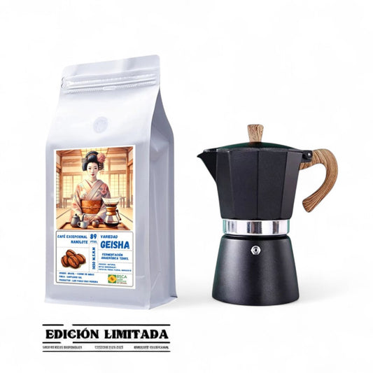 Pack Café de Especialidad Variedad Geisha Fermentado 250gr + Moka Italiana 3 Tazas