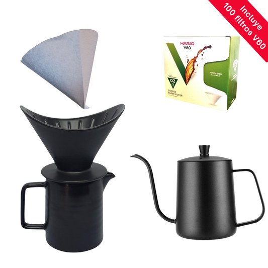 Kit Dripper V60 de Cerámica Negro – Ritual Barista en Casa | Incluye 100 filtros de papel V60