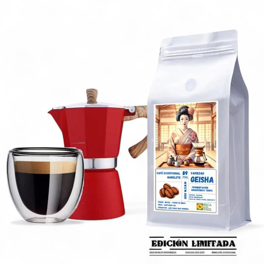Pack Clásico Geisha – Moka Italiana 3T + Taza Doble Pared 200ml + Café de Especialidad 250gr
