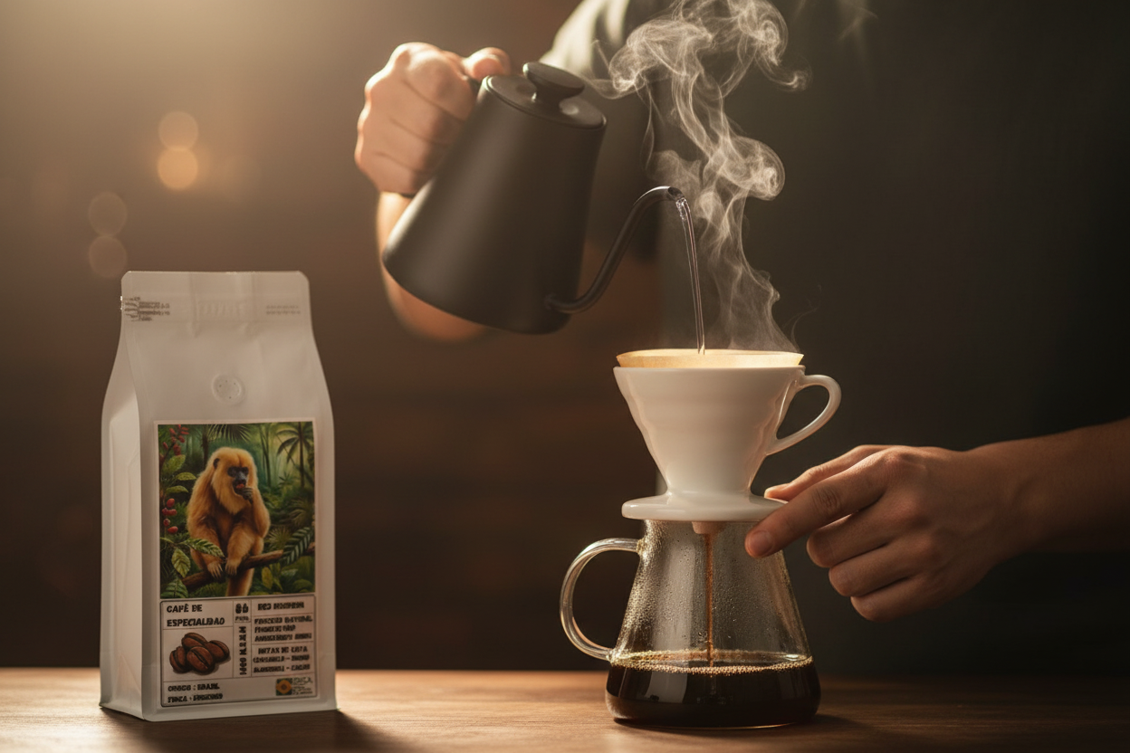 Preparación de café con tetera negra y envase blanco Clíon